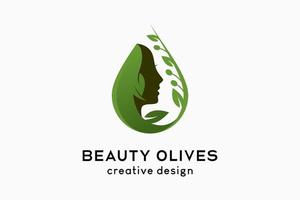 design del logo dell'olio d'oliva, la silhouette del viso della donna si fonde con le olive in gocce creative vettore