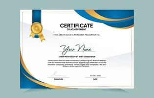 modello di certificato di conseguimento blu e oro con badge e bordo dorati. per esigenze di premi, affari e istruzione. illustrazione vettoriale