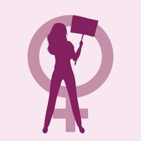illustrazione vettoriale di donna che tiene segni o cartello su una dimostrazione di protesta o un picchetto. donna contro la violenza, l'inquinamento, la discriminazione, la violazione dei diritti umani.