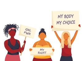 illustrazione vettoriale di donne che tengono cartelli o cartello su una manifestazione di protesta o un picchetto. donna contro la violenza, l'inquinamento, la discriminazione, la violazione dei diritti umani.