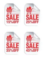 vendita adesivi bianchi con testo rosso, carrello con icona borse della spesa. vendita 15, 25, 35, 45 percento di sconto vettore