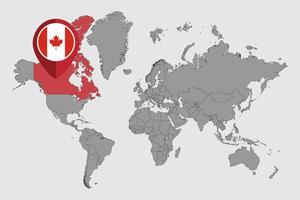 mappa pin con bandiera canada sulla mappa del mondo.illustrazione vettoriale. vettore