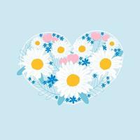 cuore floreale con margherita, tulipani e foglie su sfondo blu, modello di progettazione per carte regalo o inviti per matrimoni vettore