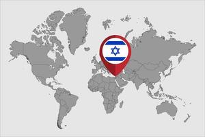 mappa pin con bandiera israeliana sulla mappa del mondo.illustrazione vettoriale. vettore