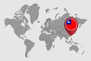 mappa pin con bandiera taiwan sulla mappa del mondo.illustrazione vettoriale. vettore