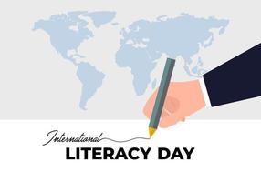 poster della giornata internazionale dell'alfabetizzazione con mappa del mondo e scrittura a mano vettore