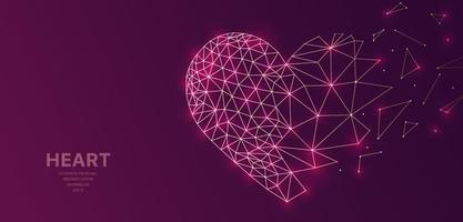 rete wireframe poligonale futuristica con cuore, concetto di amore segno su sfondo scuro. linee vettoriali, punti e forme triangolari, rete di connessione, tecnologia delle molecole digitali, struttura di connessione.