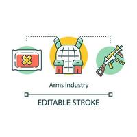 icona del concetto di industria delle armi. settore della difesa. equipaggiamento e armi per l'esercito. tecnologia militare. illustrazione di linea sottile di idea di addestramento del soldato. disegno di contorno isolato vettoriale. tratto modificabile vettore