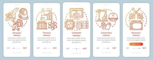 settore secondario dell'economia onboarding modello vettoriale dello schermo della pagina dell'app mobile. servizi informativi. procedura dettagliata del sito Web con illustrazioni lineari. ux, ui, gui concetto di interfaccia per smartphone