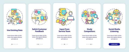 identificare le esigenze dei clienti durante l'onboarding della schermata dell'app mobile. procedura dettagliata 5 passaggi pagine di istruzioni grafiche con concetti lineari. ui, ux, modello gui. vettore