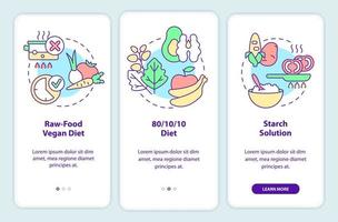 varietà di dieta vegana che integrano lo schermo dell'app mobile. procedura dettagliata 3 passaggi pagine di istruzioni grafiche con concetti lineari. ui, ux, modello gui. vettore