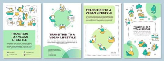 transizione al modello di brochure verde stile di vita vegano. dieta a base vegetale. design volantino con icone lineari. 4 layout vettoriali per la presentazione, relazioni annuali.