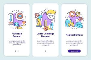 tipi di schermata dell'app mobile per l'onboarding del burnout. guida allo stress correlato al lavoro 3 passaggi pagine di istruzioni grafiche con concetti lineari. ui, ux, modello gui. vettore
