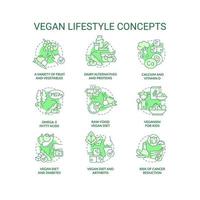 set di icone di concetto verde stile di vita vegano. nutrizione a base vegetale. astenersi dalle illustrazioni a colori delle linee sottili dell'idea del prodotto animale. simboli isolati. tratto modificabile. vettore