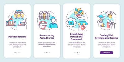 ricostruzione dello schermo dell'app mobile di onboarding della nazione. quadro istituzionale procedura dettagliata 4 passaggi pagine di istruzioni grafiche con concetti lineari. ui, ux, modello gui. vettore