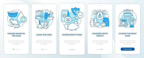prenditi cura dei piccoli mammiferi animali domestici blu a bordo schermo dell'app mobile. procedura dettagliata 5 passaggi pagine di istruzioni grafiche con concetti lineari. ui, ux, modello gui vettore
