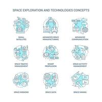 set di icone del concetto turchese di esplorazione dello spazio e tecnologia. illustrazioni a colori a linee sottili di idee di scienza e industria. simboli isolati. tratto modificabile. vettore