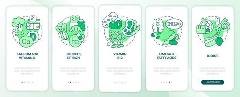 fonti di nutrienti schermata dell'app mobile onboarding verde. veganismo procedura dettagliata 5 passaggi pagine di istruzioni grafiche con concetti lineari. ui, ux, modello gui. vettore