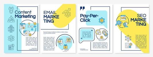 modello di brochure blu e giallo di strategie di marketing digitale. design per la stampa di opuscoli con icone lineari. layout vettoriali per presentazioni, relazioni annuali, annunci