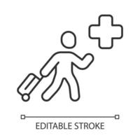 icona lineare dell'immigrato umanitario. aiuto ai profughi. emigrante con bagaglio. viaggiare all'estero. illustrazione al tratto sottile. simbolo di contorno. disegno di contorno isolato vettoriale. tratto modificabile vettore