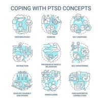 affrontare il set di icone del concetto turchese ptsd. salute mentale. idea del servizio di psicoterapia illustrazioni a colori a linea sottile. simboli isolati. tratto modificabile. vettore