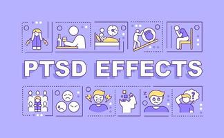 ptsd effetti parole concetti banner viola. condizione mentale malsana. infografica con icone su sfondo colorato. tipografia isolata. illustrazione vettoriale con testo.