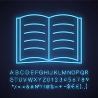 icona della luce al neon del libro aperto. libro di testo aperto. lettura. segno luminoso con alfabeto, numeri e simboli. illustrazione vettoriale isolato