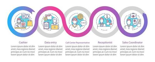 trovare lavoro part-time modello di infografica vettoriale. elementi di design di presentazione aziendale. visualizzazione dei dati con cinque passaggi e opzioni. grafico della sequenza temporale del processo. layout del flusso di lavoro con icone lineari vettore