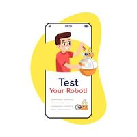 prova il tuo robot sui social media pubblica lo schermo dell'app per smartphone. display per telefoni cellulari con mockup di design di personaggi dei cartoni animati. costruzione elettronica istruzione di montaggio applicazione interfaccia telefonica vettore