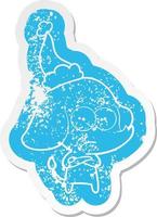 adesivo in difficoltà cartone animato di un elefante insicuro che indossa il cappello di Babbo Natale vettore