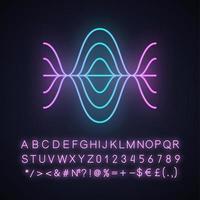 icona della luce al neon della registrazione vocale. vibrazione, livello di rumore, curve di frequenza. volume dell'audio, frequenza. logo del lettore musicale. segno luminoso con alfabeto, numeri e simboli. illustrazione vettoriale isolato