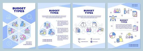 modello di brochure dei tipi di budget. programma e piano finanziario. design volantino con icone lineari. 4 layout vettoriali per la presentazione, relazioni annuali.