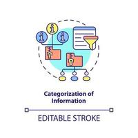 categorizzazione dell'icona del concetto di informazioni. assegnazione dell'illustrazione al tratto sottile dell'idea astratta dell'industria dell'informazione. disegno di contorno isolato. tratto modificabile. vettore