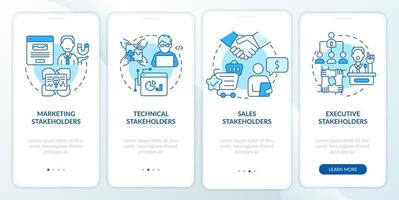 tipi di parti interessate schermata dell'app mobile di onboarding blu. procedura dettagliata della partnership 4 passaggi pagine di istruzioni grafiche con concetti lineari. ui, ux, modello gui. vettore