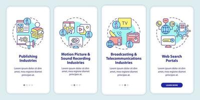 componenti del settore delle informazioni che integrano lo schermo dell'app mobile. guida alla pubblicazione di pagine di istruzioni grafiche in 4 passaggi con concetti lineari. ui, ux, modello gui. vettore