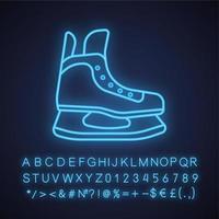 icona della luce al neon del pattino sul ghiaccio. scarpone da pattinaggio. segno luminoso con alfabeto, numeri e simboli. illustrazione vettoriale isolato