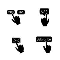 set di icone del glifo dei pulsanti dell'app. clic. contatore mi piace, sì o no, iscriviti, notifica messaggio. simboli di sagoma. illustrazione vettoriale isolato