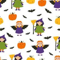 streghe di halloween. bambini in costumi di halloween, zucche e pipistrelli. illustrazione piatta. modello senza cuciture di vettore. vettore