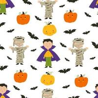 fantasmi di Halloween. bambini in costumi di halloween, zucche e pipistrelli. illustrazione piatta. modello senza cuciture di vettore. vettore