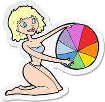 adesivo di una ragazza in bikini cartone animato con pallone da spiaggia vettore