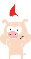 felice illustrazione a colori piatto di un maiale che indossa il cappello di Babbo Natale vettore