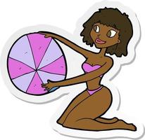 adesivo di una ragazza in bikini cartone animato con pallone da spiaggia vettore