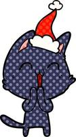 felice illustrazione in stile fumetto di un gatto che indossa il cappello di Babbo Natale vettore