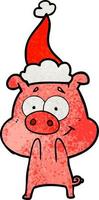 felice cartone animato strutturato di un maiale che indossa il cappello di Babbo Natale vettore