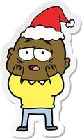 adesivo cartone animato di un uomo calvo stanco che indossa il cappello di Babbo Natale vettore