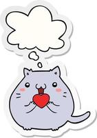 simpatico cartone animato gatto innamorato e bolla di pensiero come adesivo stampato vettore