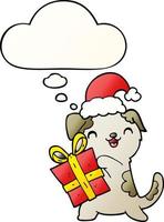 simpatico cucciolo di cartone animato con regalo di Natale e cappello e bolla di pensiero in stile sfumato liscio vettore