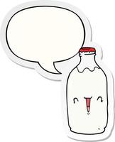 simpatico cartone animato bottiglia di latte e fumetto adesivo