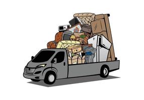 camioncino del fumetto caricato pieno di illustrazione del design della spazzatura domestica vettore