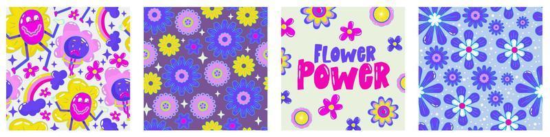 margherita flower power poster impostato per il design di stampa. modello psichedelico trippy astratto. forza dei fiori. illustrazione vettoriale divertente. poster retrò del 1990 per il design della maglietta.